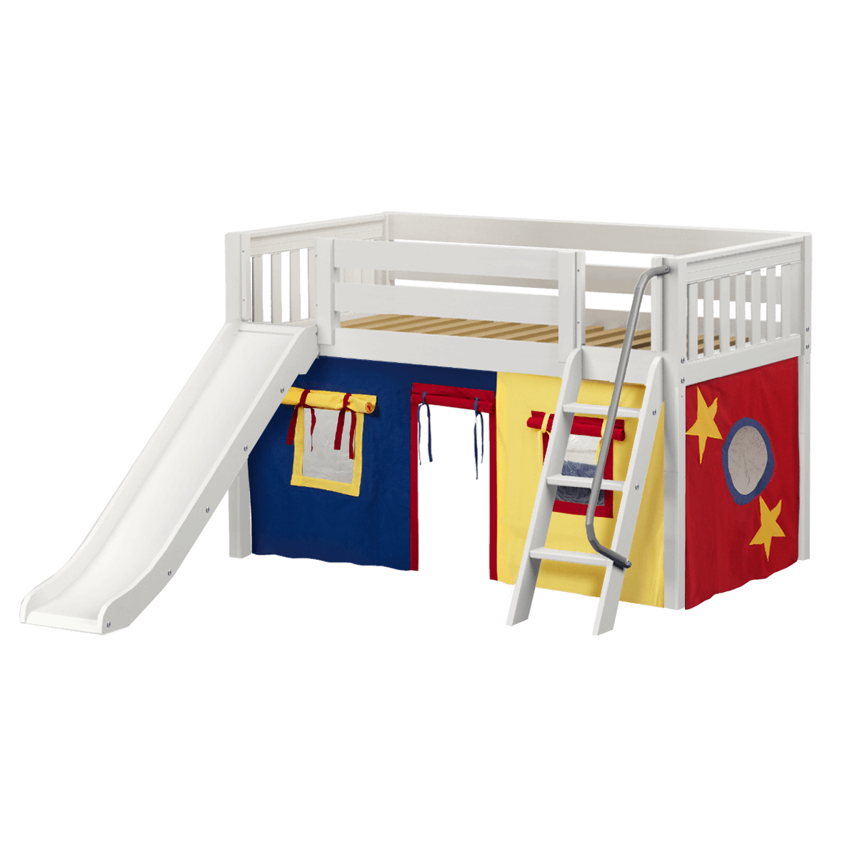 Maxtrix Twin Low Loft Bed with Angled Ladder, Curtain + Slide