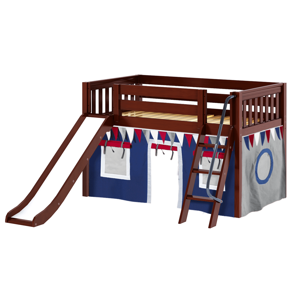 Maxtrix Twin Low Loft Bed with Angled Ladder, Curtain + Slide