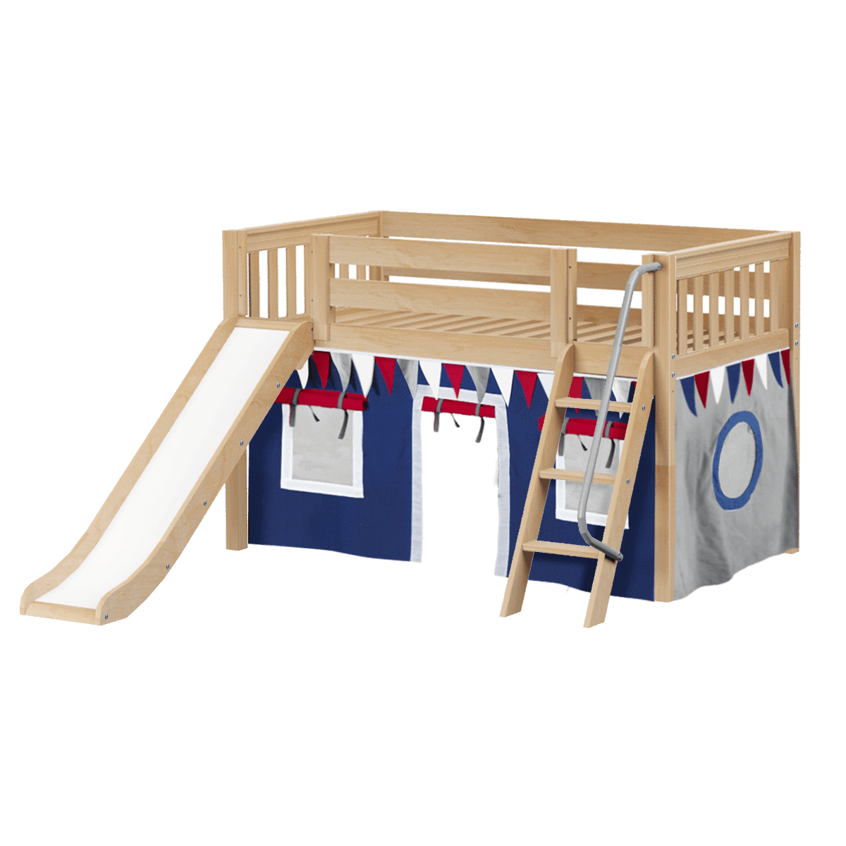 Maxtrix Twin Low Loft Bed with Angled Ladder, Curtain + Slide