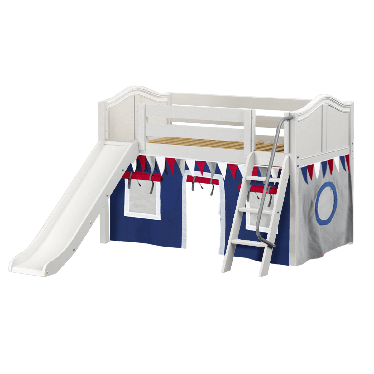 Maxtrix Twin Low Loft Bed with Angled Ladder, Curtain + Slide