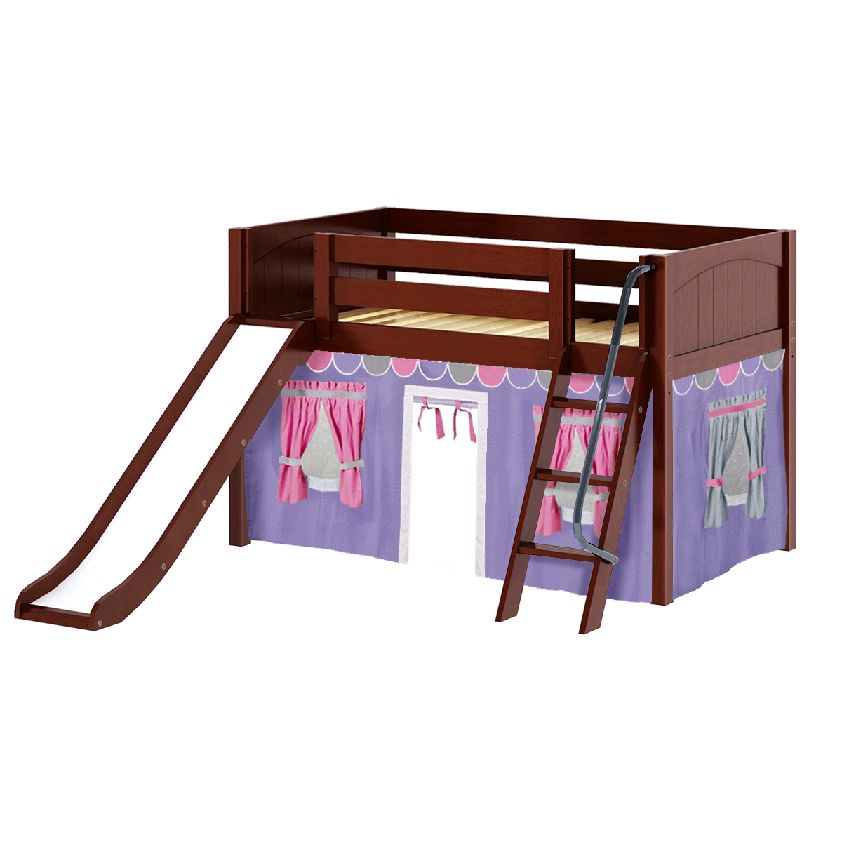 Maxtrix Twin Low Loft Bed with Angled Ladder, Curtain + Slide