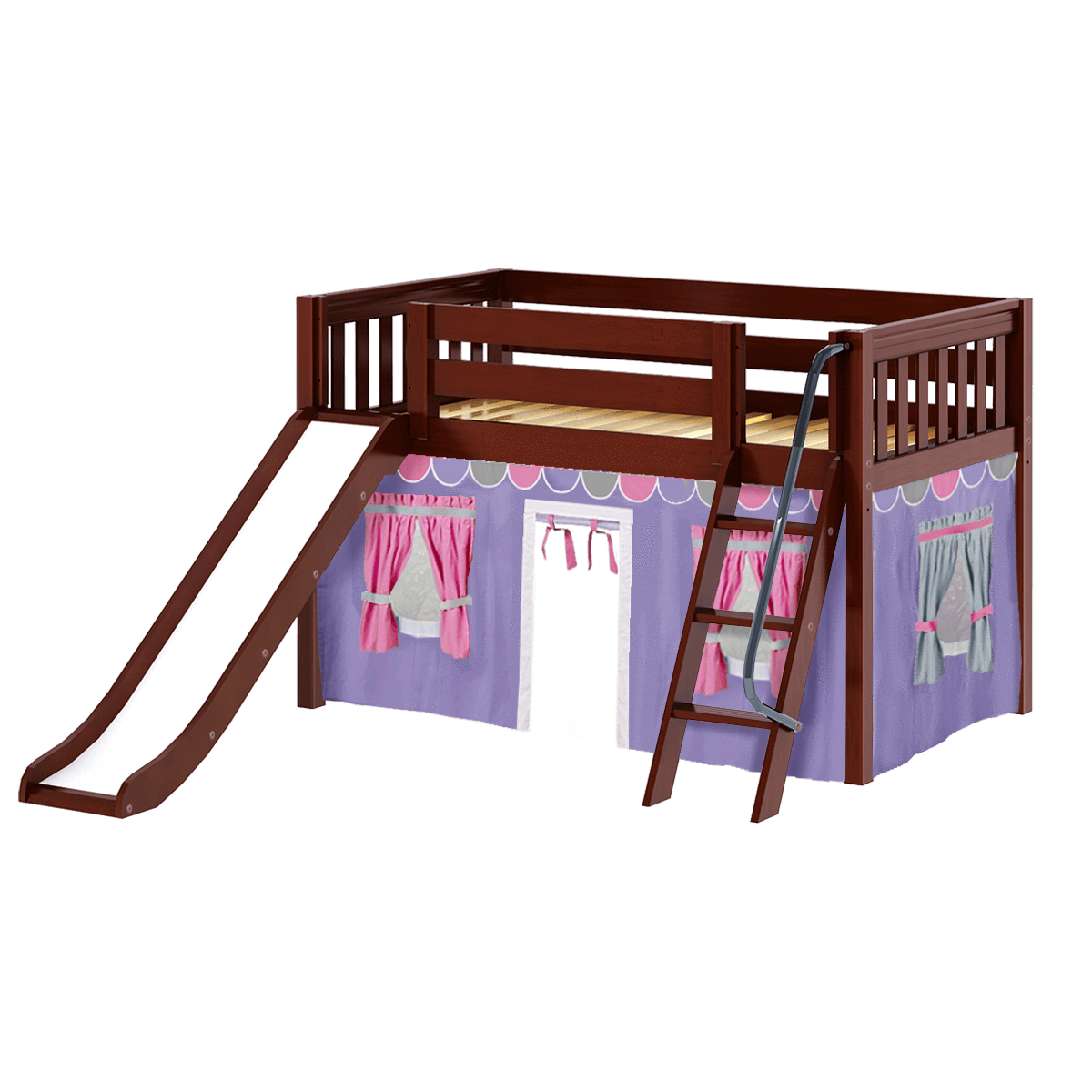 Maxtrix Twin Low Loft Bed with Angled Ladder, Curtain + Slide