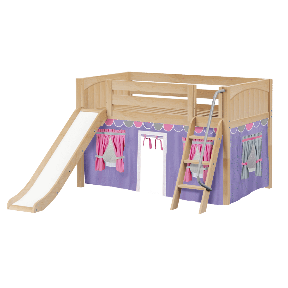 Maxtrix Twin Low Loft Bed with Angled Ladder, Curtain + Slide