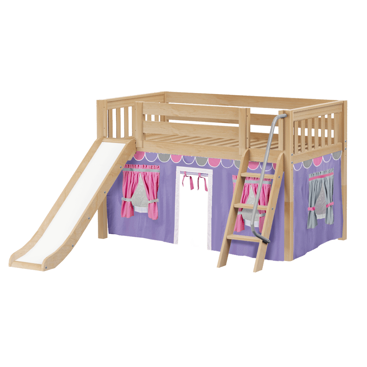 Maxtrix Twin Low Loft Bed with Angled Ladder, Curtain + Slide