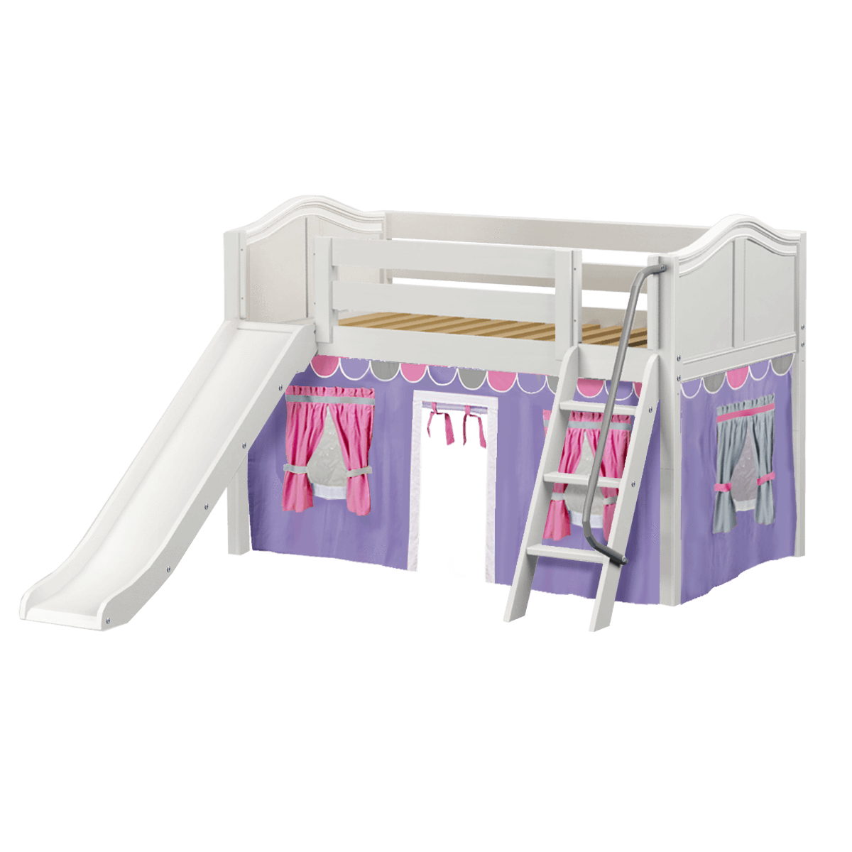 Maxtrix Twin Low Loft Bed with Angled Ladder, Curtain + Slide