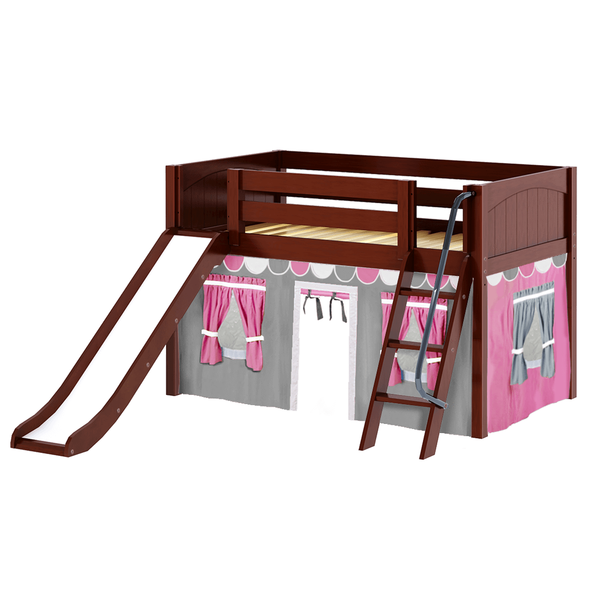 Maxtrix Twin Low Loft Bed with Angled Ladder, Curtain + Slide