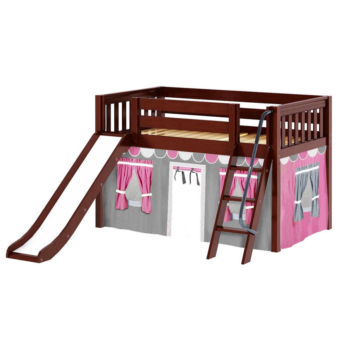 Maxtrix Twin Low Loft Bed with Angled Ladder, Curtain + Slide