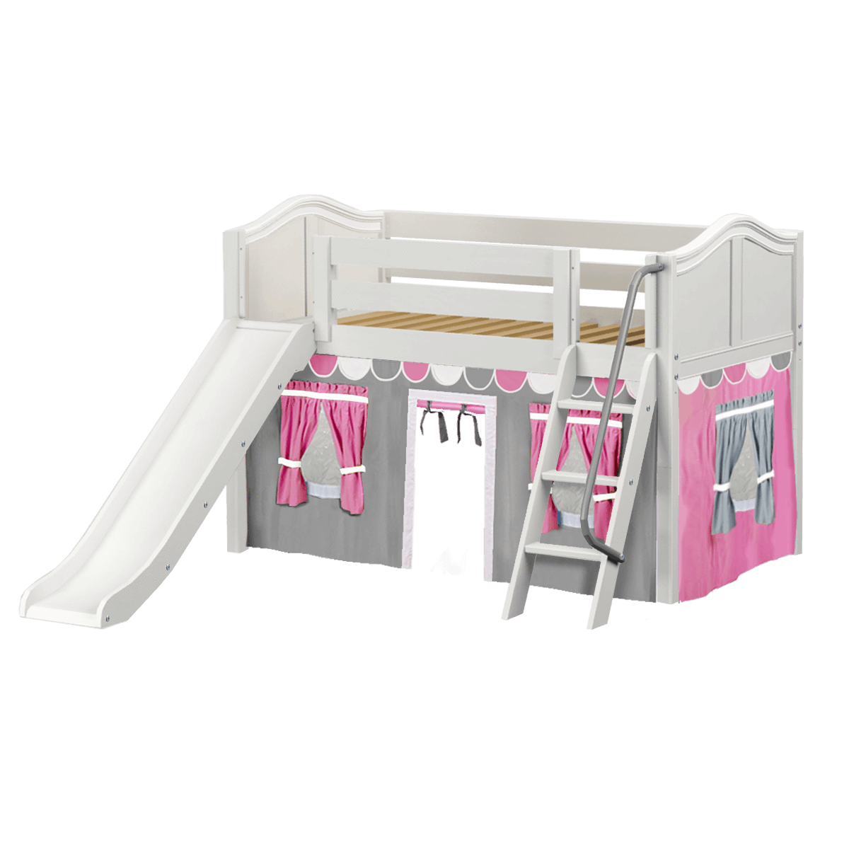 Maxtrix Twin Low Loft Bed with Angled Ladder, Curtain + Slide