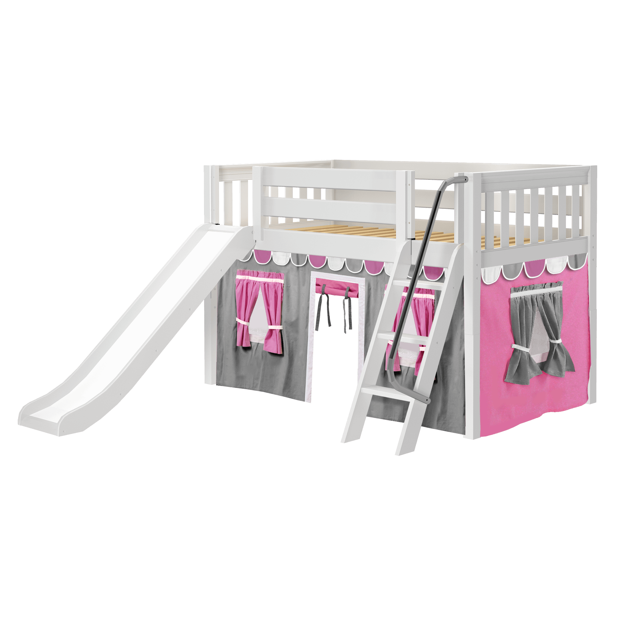 Maxtrix Twin Low Loft Bed with Angled Ladder, Curtain + Slide