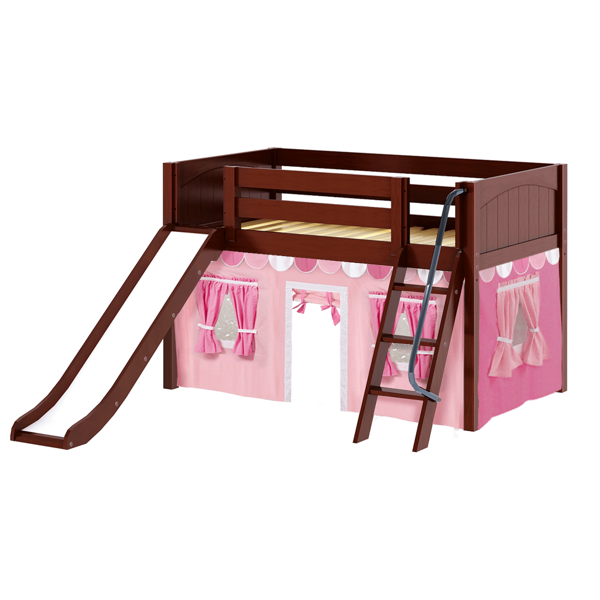 Maxtrix Twin Low Loft Bed with Angled Ladder, Curtain + Slide