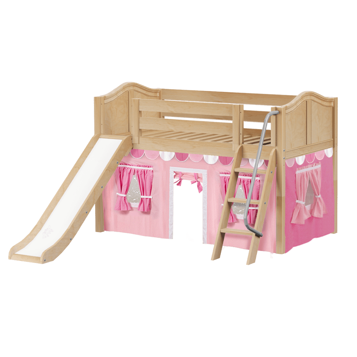 Maxtrix Twin Low Loft Bed with Angled Ladder, Curtain + Slide