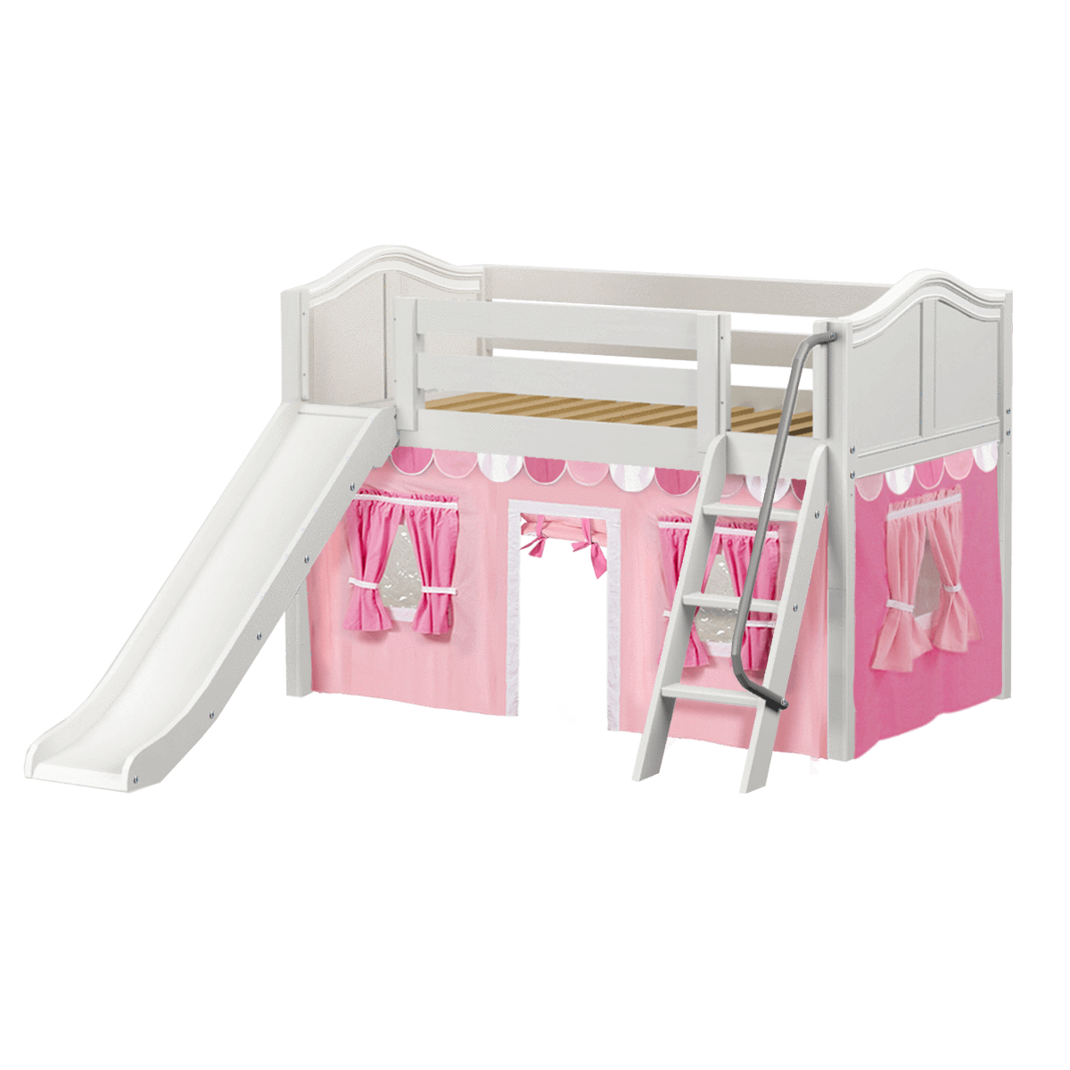 Maxtrix Twin Low Loft Bed with Angled Ladder, Curtain + Slide