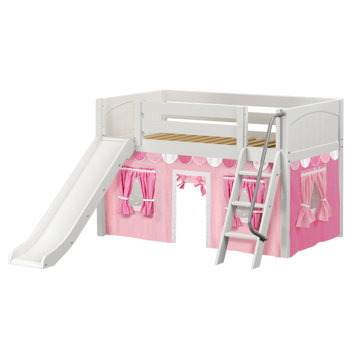 Maxtrix Twin Low Loft Bed with Angled Ladder, Curtain + Slide