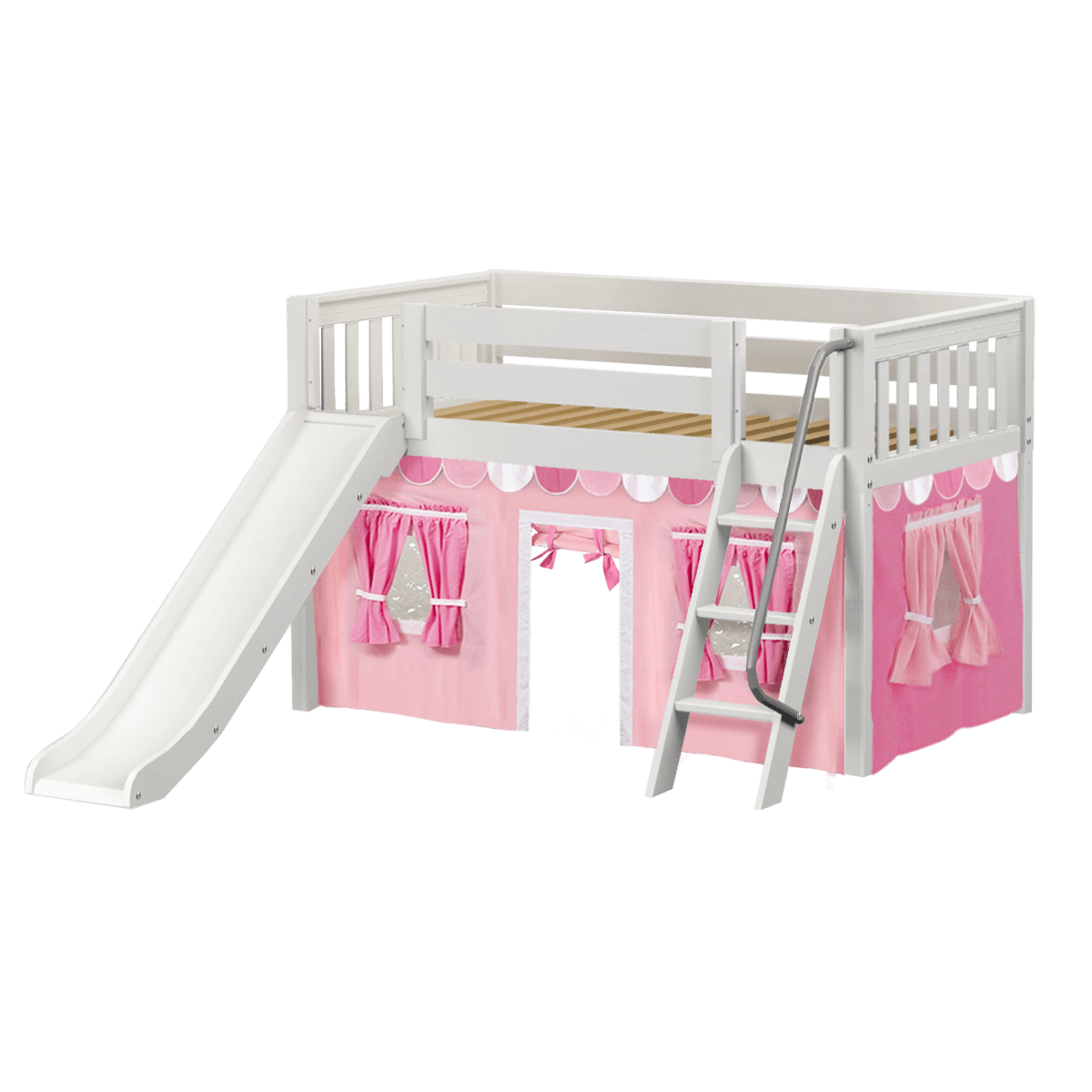 Maxtrix Twin Low Loft Bed with Angled Ladder, Curtain + Slide