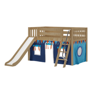 Maxtrix Twin Low Loft Bed with Angled Ladder, Curtain + Slide
