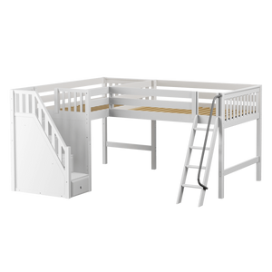 Maxtrix Twin Full Medium Corner Loft Bed with Ladder + Stairs - L