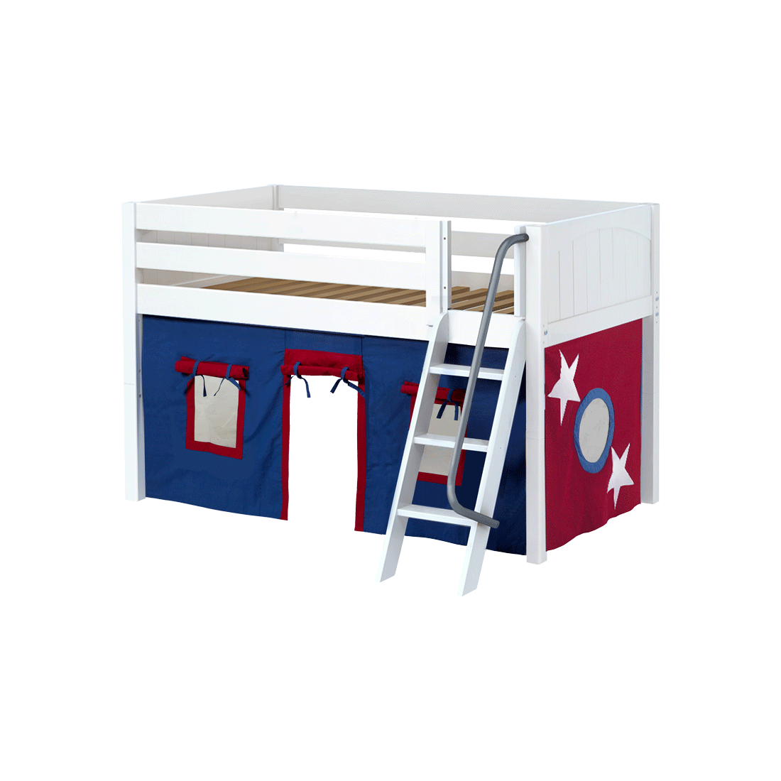 Maxtrix Twin Low Loft Bed with Angled Ladder + Curtain