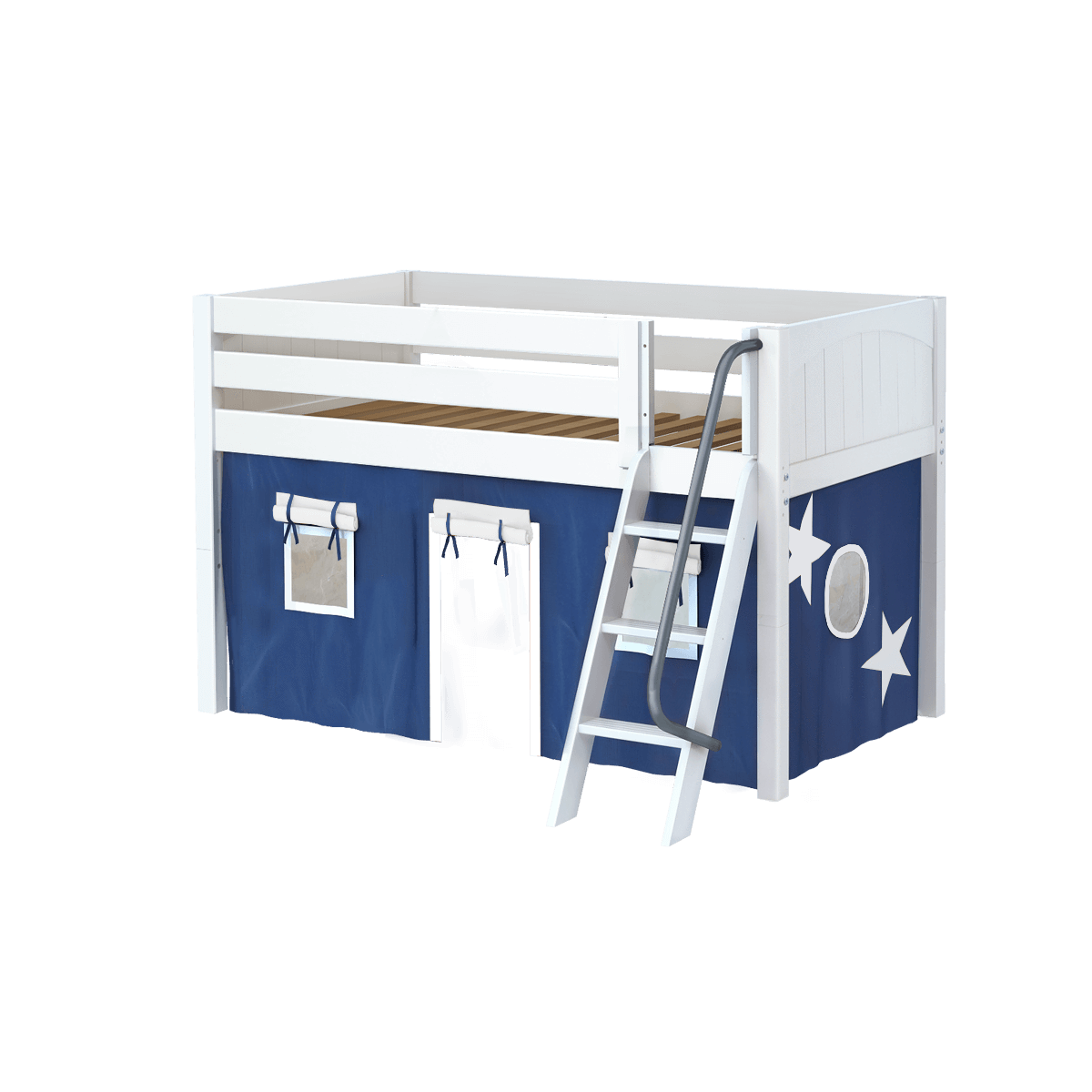 Maxtrix Twin Low Loft Bed with Angled Ladder + Curtain