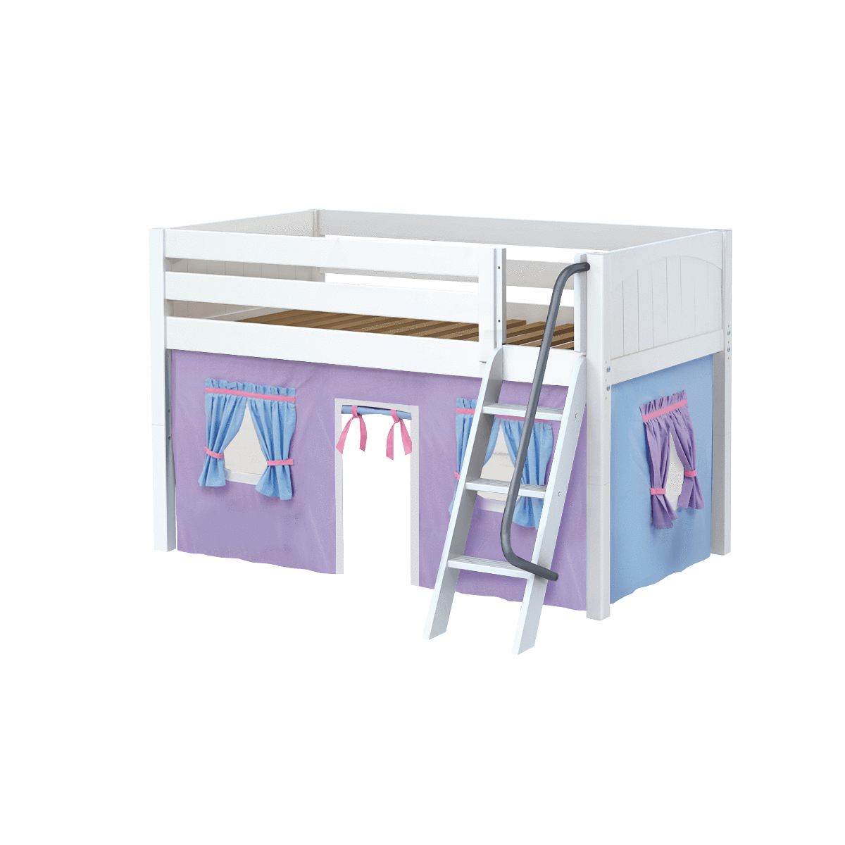 Maxtrix Twin Low Loft Bed with Angled Ladder + Curtain