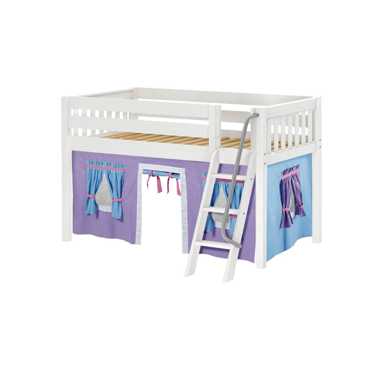 Maxtrix Twin Low Loft Bed with Angled Ladder + Curtain