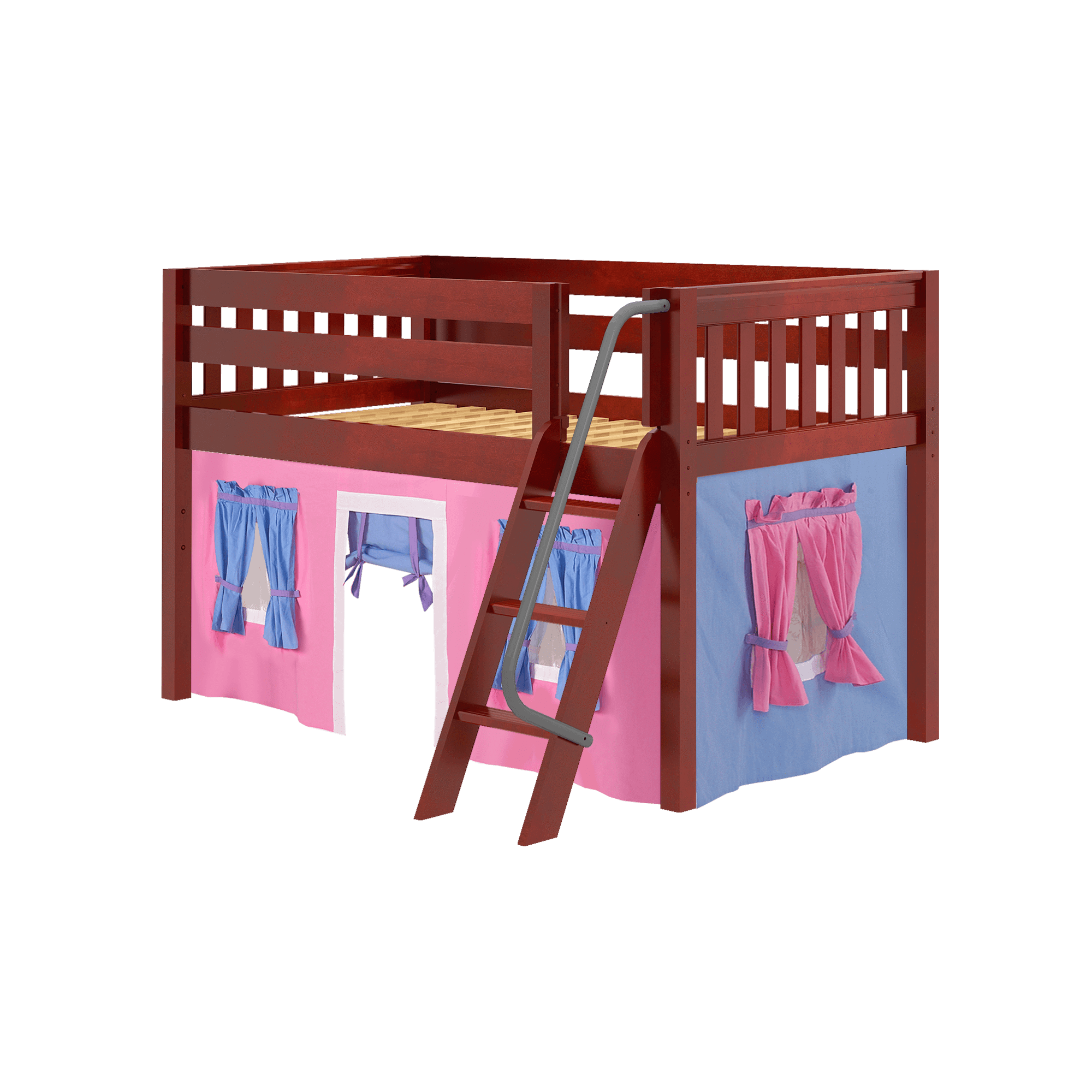 Maxtrix Twin Low Loft Bed with Angled Ladder + Curtain