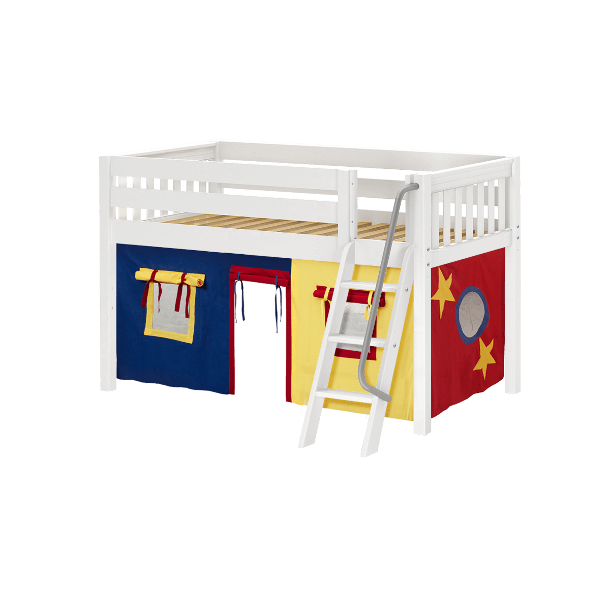 Maxtrix Twin Low Loft Bed with Angled Ladder + Curtain