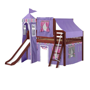 Maxtrix Full Low Loft Bed with Angled Ladder, Curtain, Top Tent, Tower + Slide