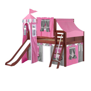 Maxtrix Full Low Loft Bed with Angled Ladder, Curtain, Top Tent, Tower + Slide