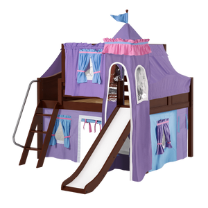Maxtrix Full Low Loft Bed with Angled Ladder, Curtain, Top Tent, Tower + Slide