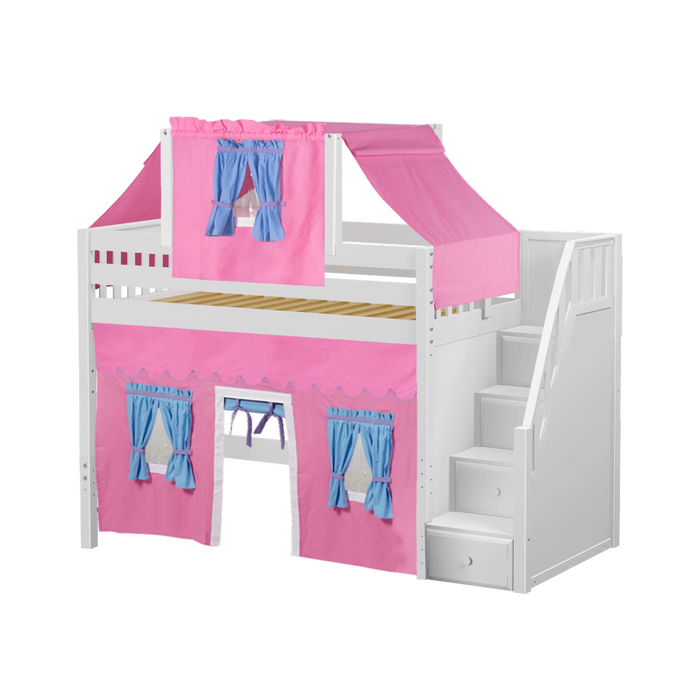 Maxtrix Twin Mid Loft Bed with Stairs, Curtain + Top Tent