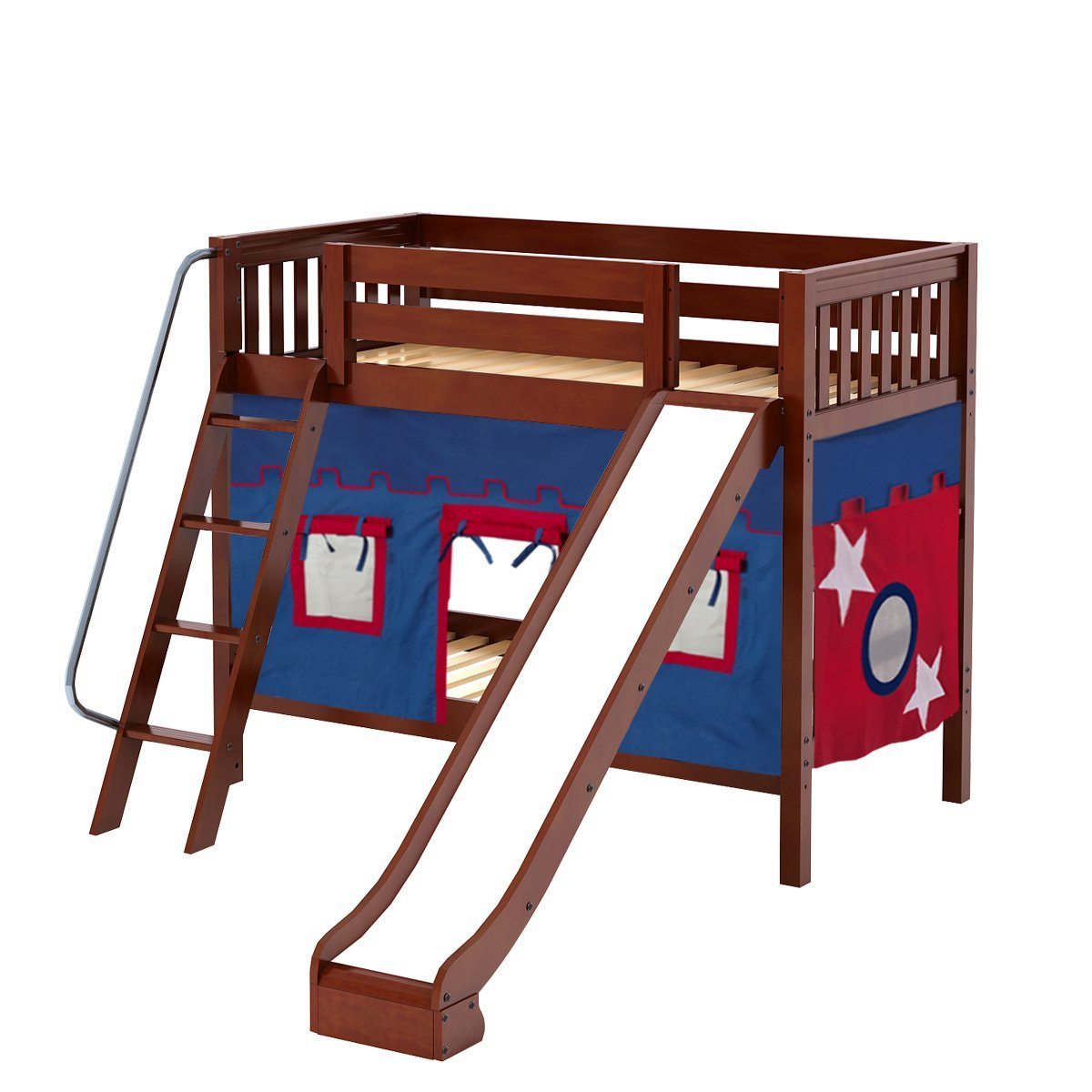 Maxtrix Twin Medium Bunk Bed with Angled Ladder, Curtain + Slide