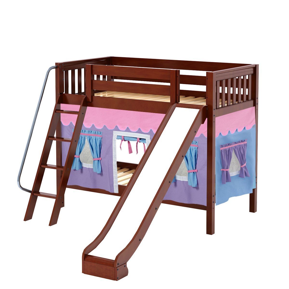 Maxtrix Twin Medium Bunk Bed with Angled Ladder, Curtain + Slide