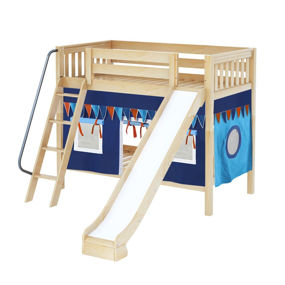 Maxtrix Twin Medium Bunk Bed with Angled Ladder, Curtain + Slide