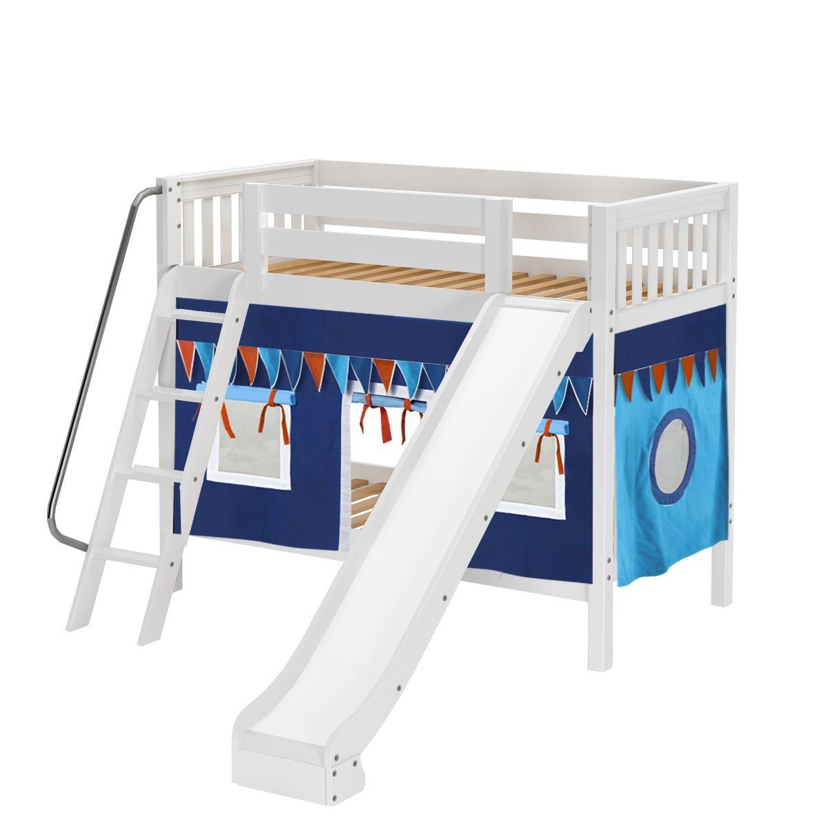 Maxtrix Twin Medium Bunk Bed with Angled Ladder, Curtain + Slide