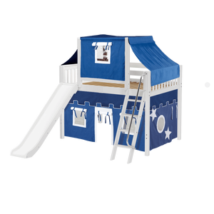 Maxtrix Full Mid Loft Bed with Angled Ladder, Curtain, Top Tent + Slide