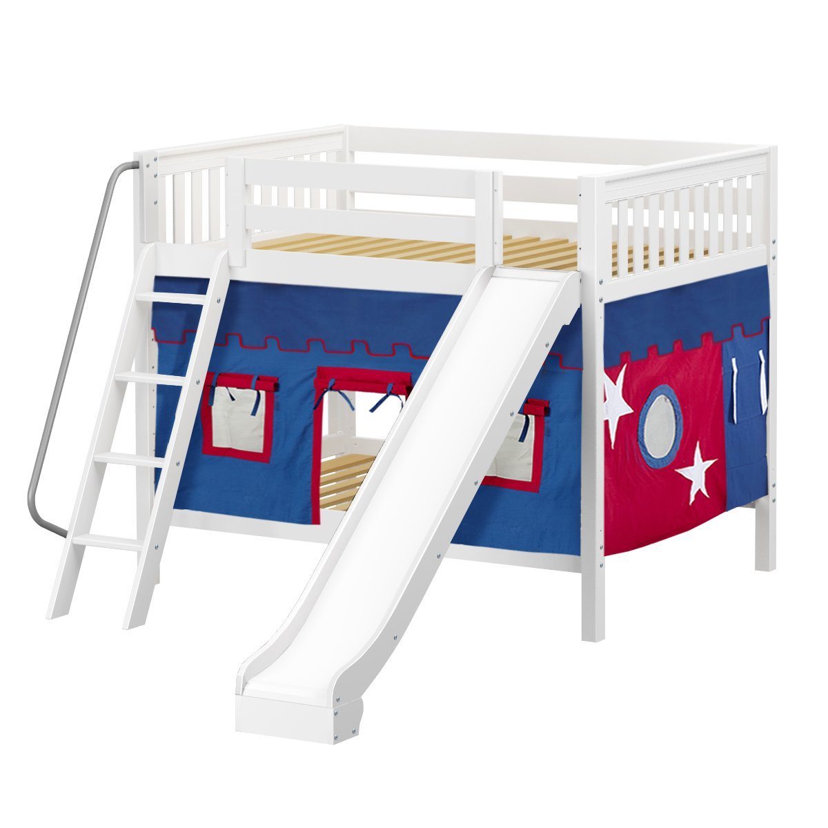 Maxtrix Full Medium Bunk Bed with Angled Ladder, Curtain + Slide