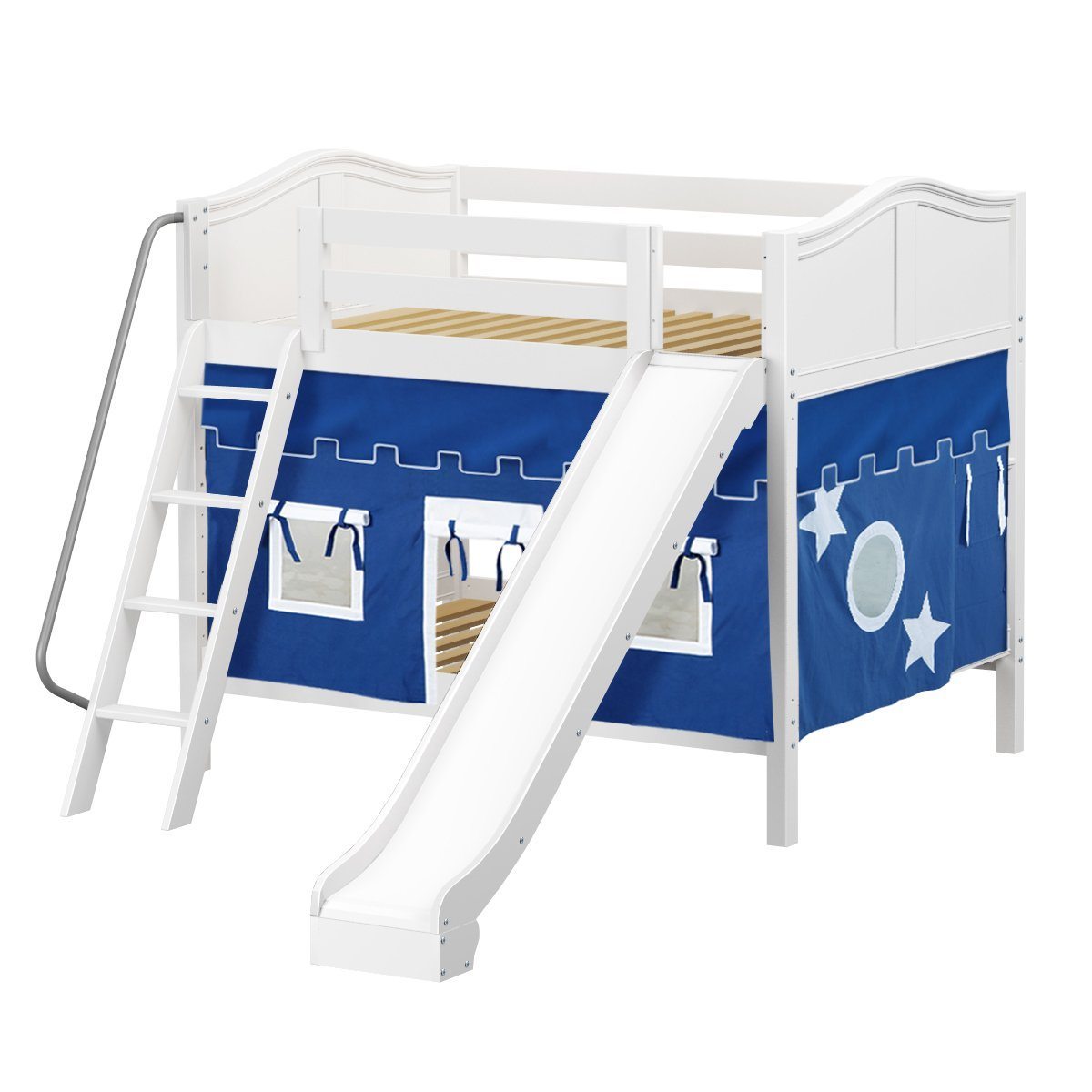 Maxtrix Full Medium Bunk Bed with Angled Ladder, Curtain + Slide