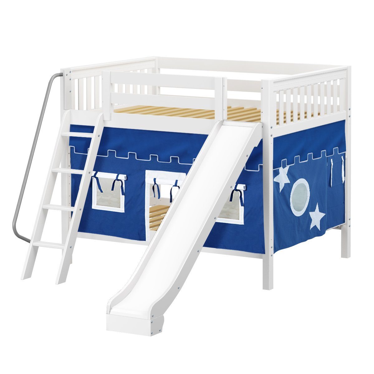 Maxtrix Full Medium Bunk Bed with Angled Ladder, Curtain + Slide