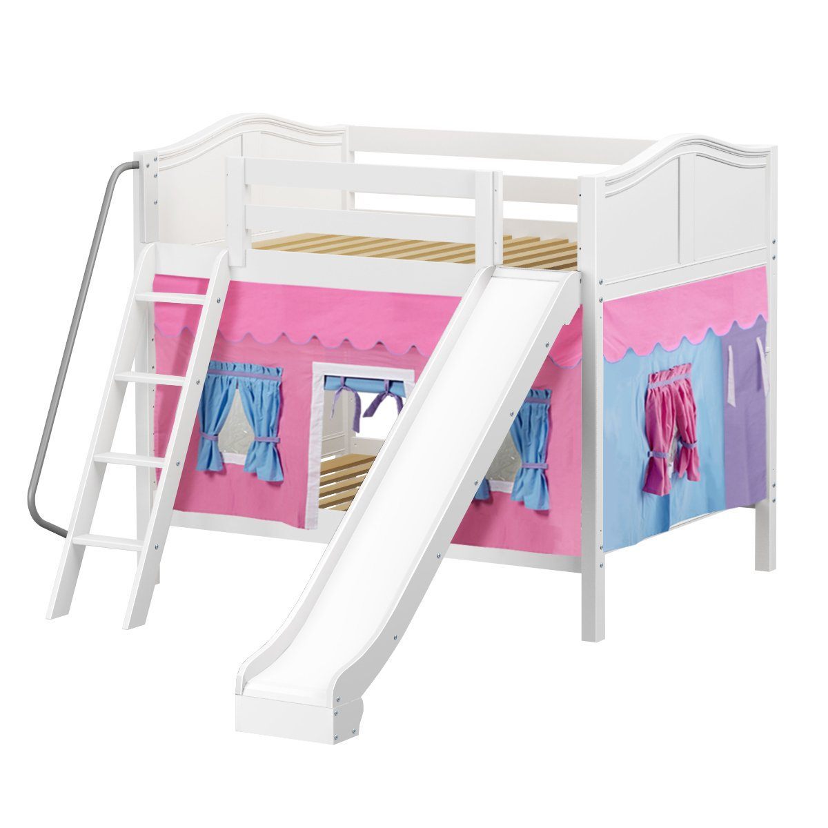 Maxtrix Full Medium Bunk Bed with Angled Ladder, Curtain + Slide