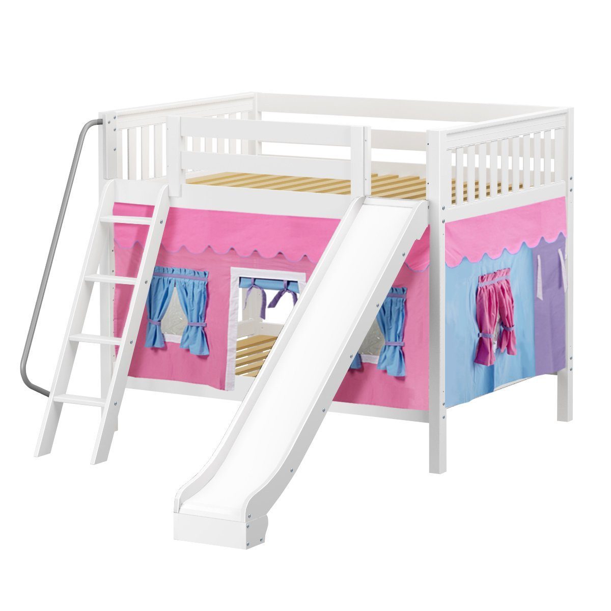 Maxtrix Full Medium Bunk Bed with Angled Ladder, Curtain + Slide