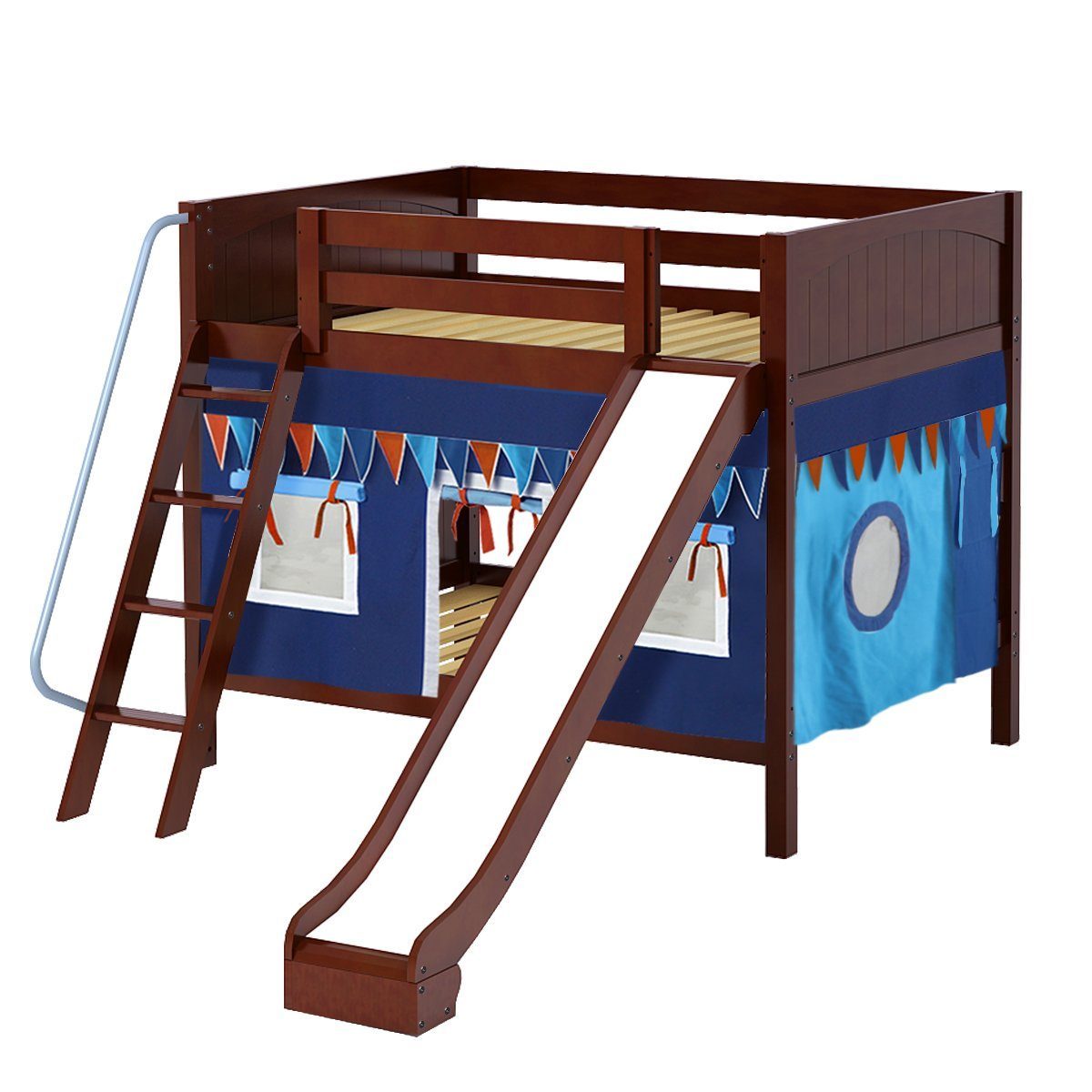 Maxtrix Full Medium Bunk Bed with Angled Ladder, Curtain + Slide