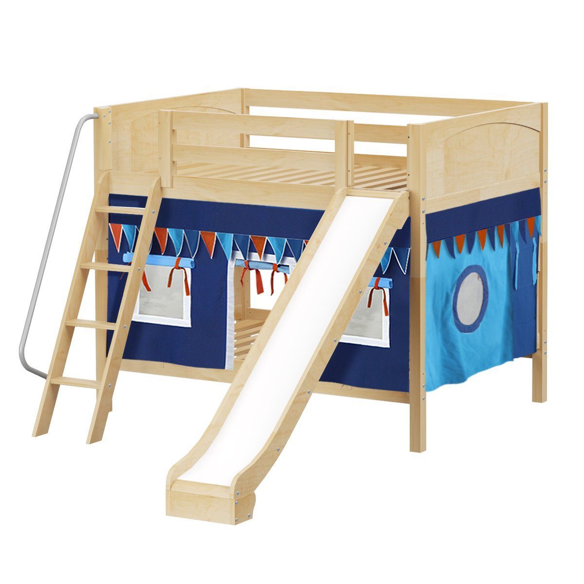 Maxtrix Full Medium Bunk Bed with Angled Ladder, Curtain + Slide