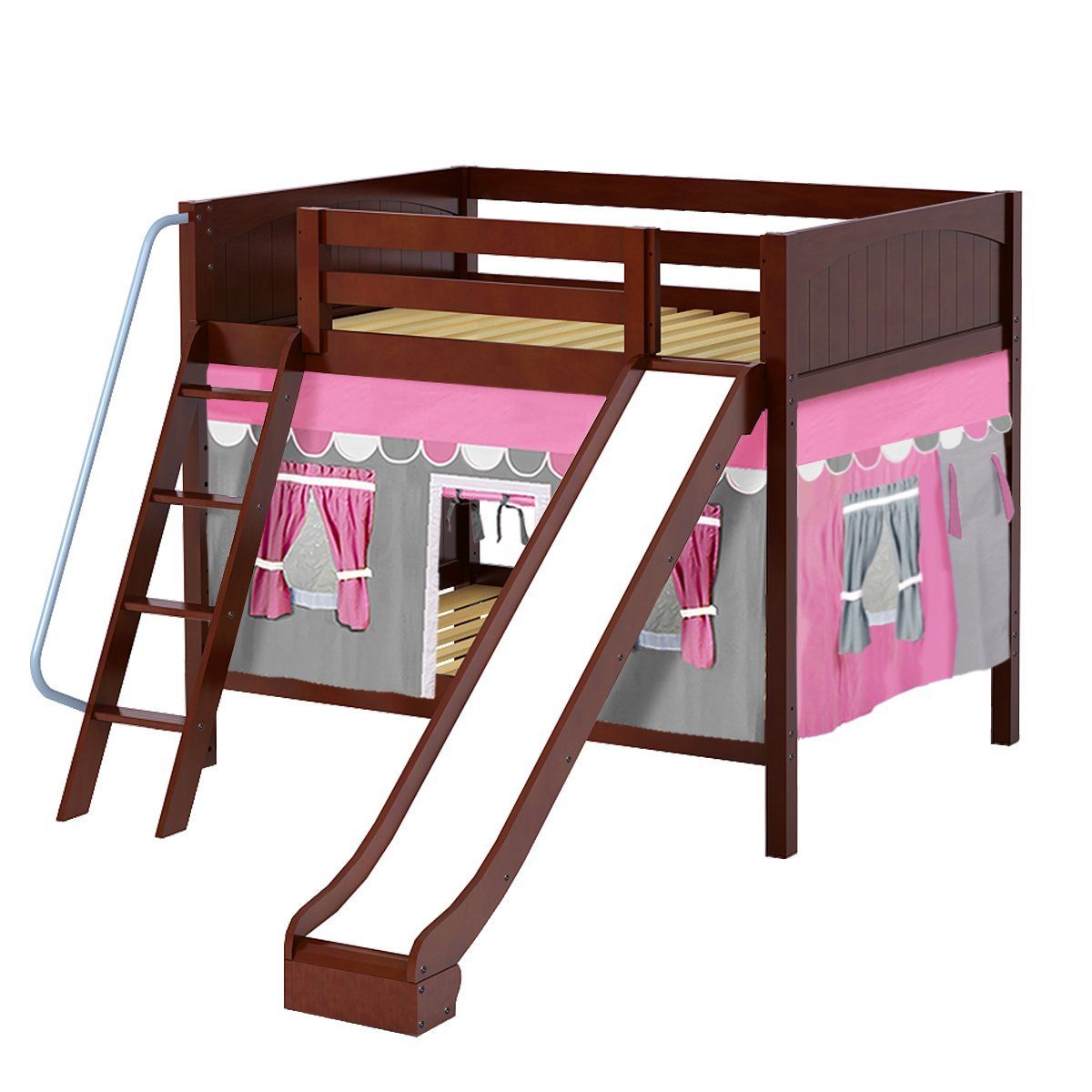 Maxtrix Full Medium Bunk Bed with Angled Ladder, Curtain + Slide