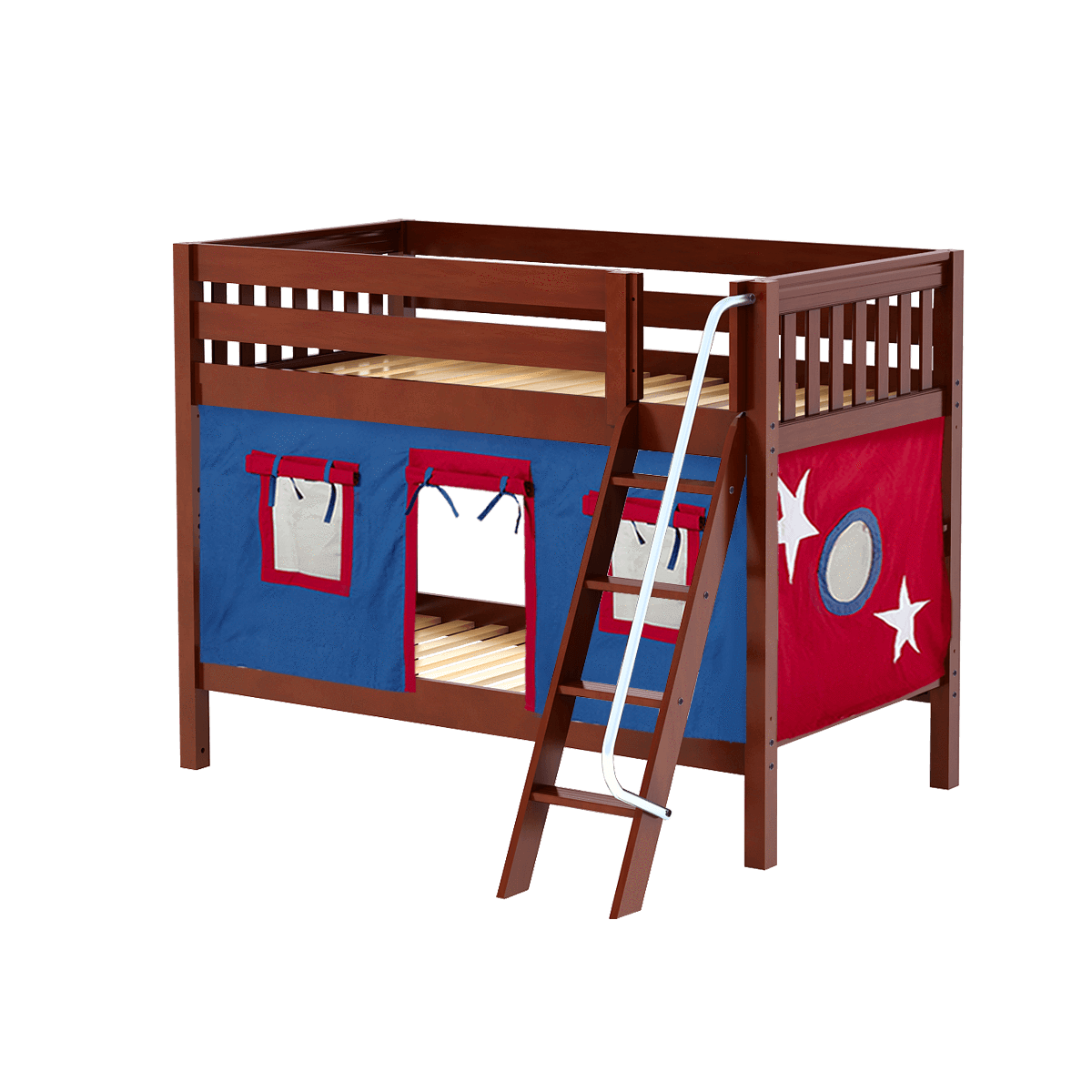 Maxtrix Twin Low Bunk Bed with Angled Ladder + Curtain