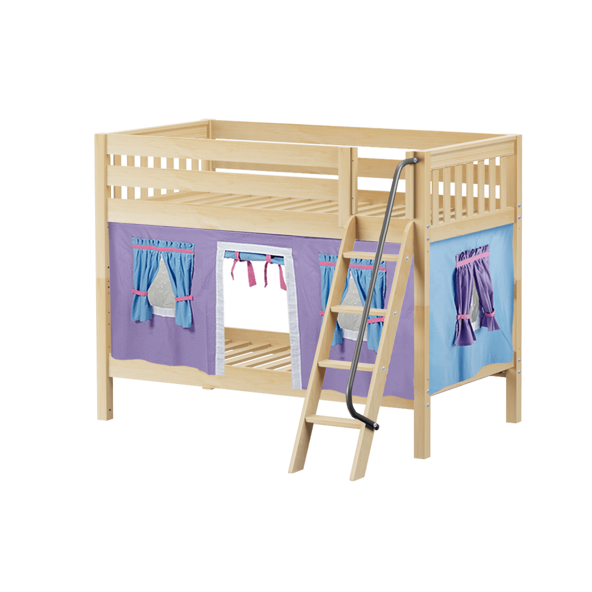 Maxtrix Twin Low Bunk Bed with Angled Ladder + Curtain