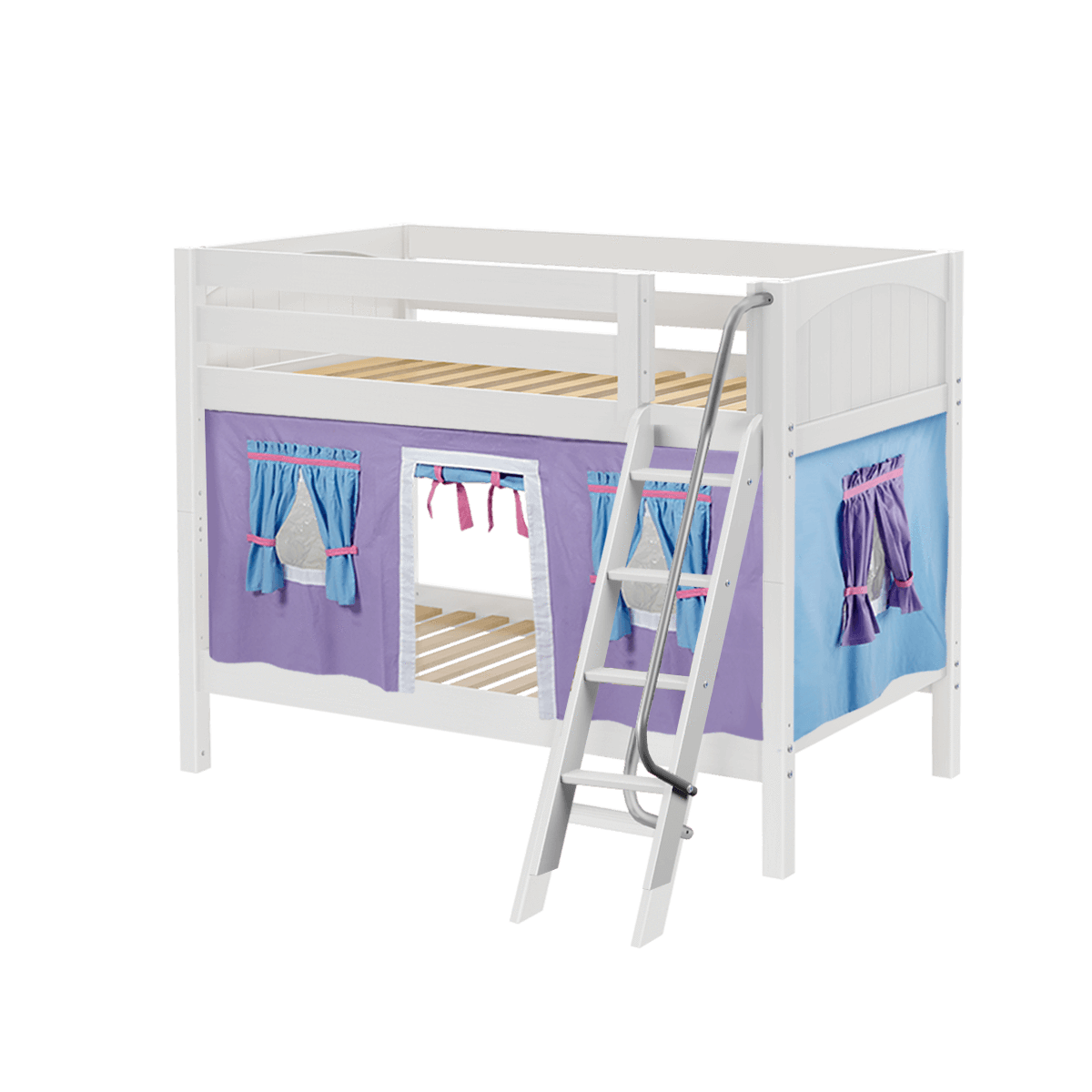 Maxtrix Twin Low Bunk Bed with Angled Ladder + Curtain