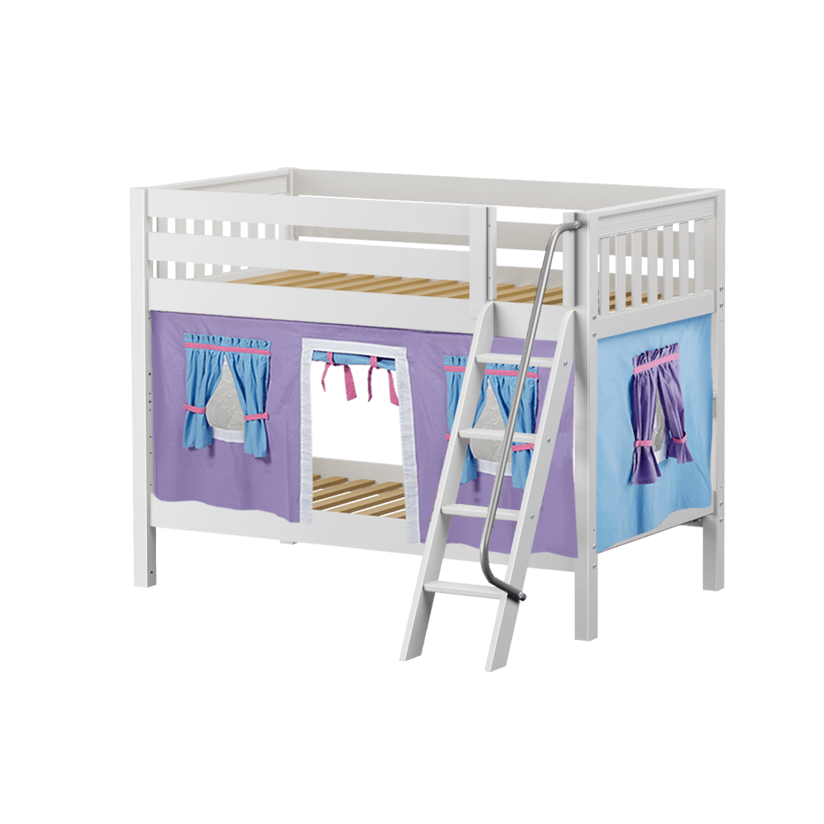 Maxtrix Twin Low Bunk Bed with Angled Ladder + Curtain