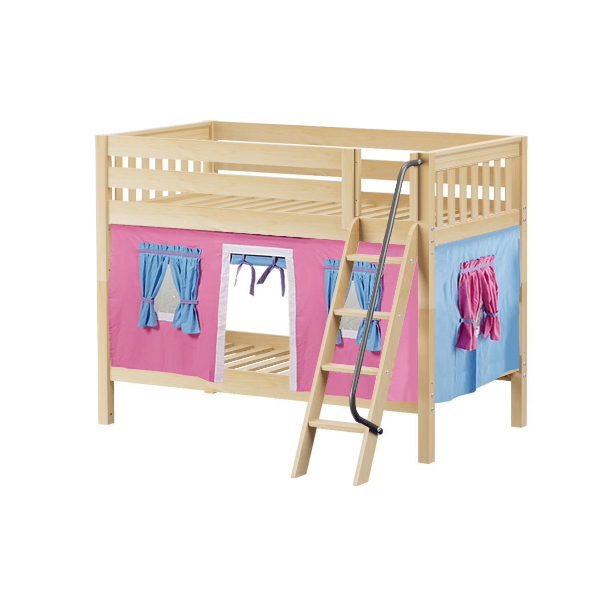 Maxtrix Twin Low Bunk Bed with Angled Ladder + Curtain