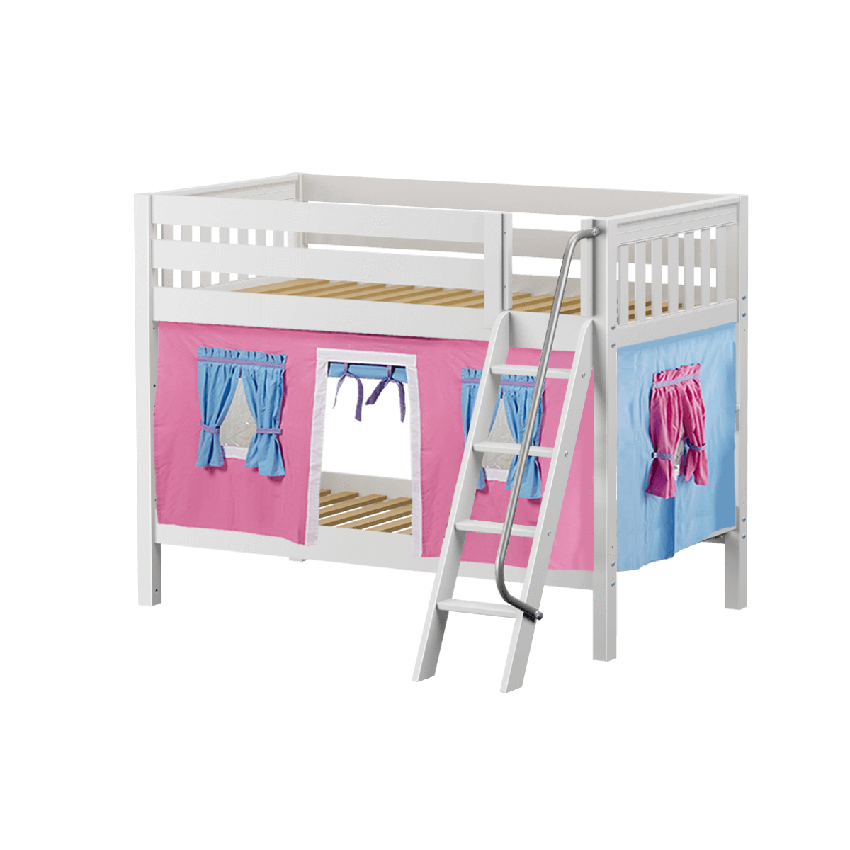 Maxtrix Twin Low Bunk Bed with Angled Ladder + Curtain