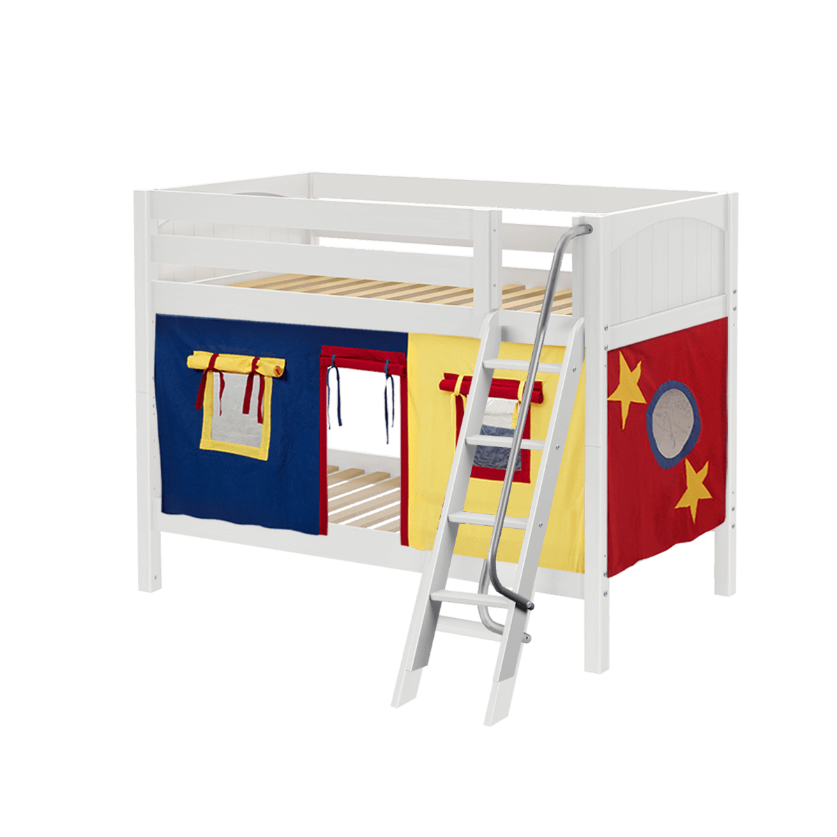 Maxtrix Twin Low Bunk Bed with Angled Ladder + Curtain